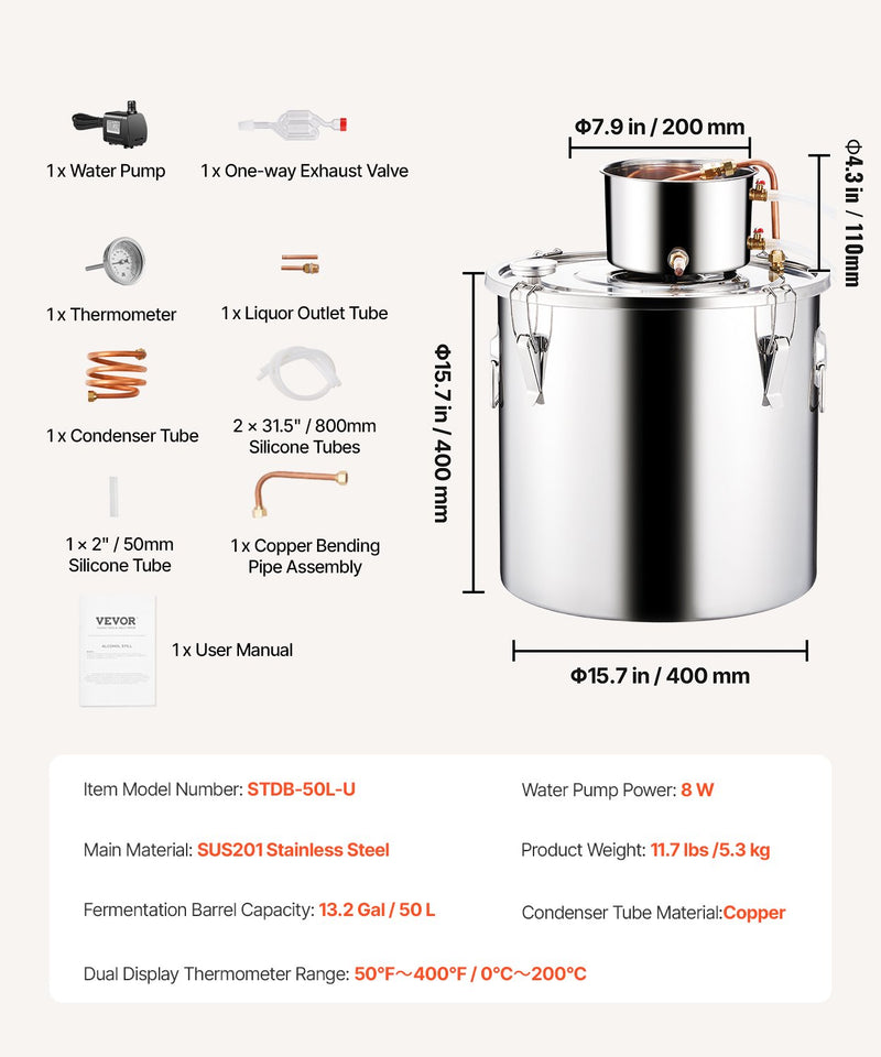 VEVOR 50L destilācijas aparāts ar iebūvētu termometru uz vāka un 8W ūdens cirkulācijas sūkni,  šo iekārtu var izmantot augļu vīnu, brendija, degvīna, viskija, etanola, ūdens un ēterisko eļļu destilācijai.