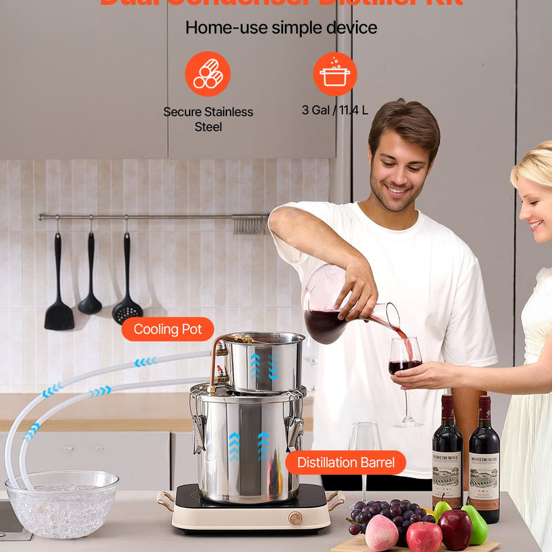 11.4L nerūsējošā tērauda destilācijas aparāts, sastāv no fermentācijas tvertnes, tvertnes vāka un dzesēšanas katla, piemērots alkohola destilācijai