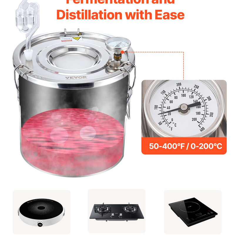 11.4L nerūsējošā tērauda destilācijas aparāts, sastāv no fermentācijas tvertnes, tvertnes vāka un dzesēšanas katla, piemērots alkohola destilācijai