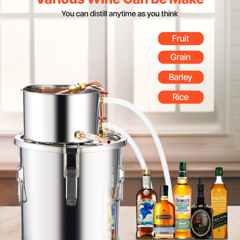 11.4L nerūsējošā tērauda destilācijas aparāts, sastāv no fermentācijas tvertnes, tvertnes vāka un dzesēšanas katla, piemērots alkohola destilācijai