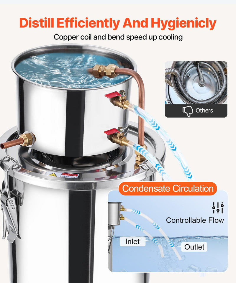 VEVOR 11.4L nerūsējošā tērauda destilācijas aparāts, sastāv no fermentācijas tvertnes, tvertnes vāka un dzesēšanas katla, piemērots alkohola destilācijai