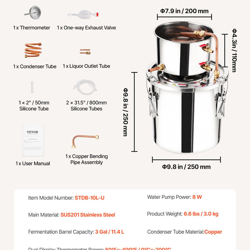 11.4L nerūsējošā tērauda destilācijas aparāts, sastāv no fermentācijas tvertnes, tvertnes vāka un dzesēšanas katla, piemērots alkohola destilācijai