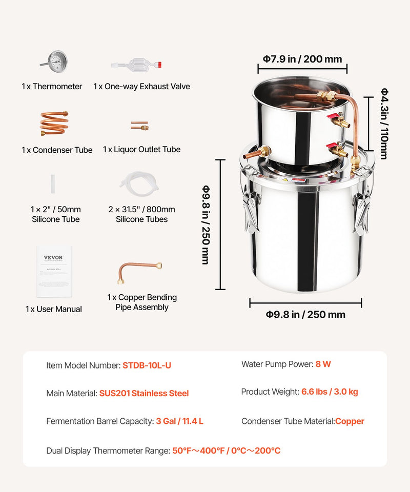 VEVOR 11.4L nerūsējošā tērauda destilācijas aparāts, sastāv no fermentācijas tvertnes, tvertnes vāka un dzesēšanas katla, piemērots alkohola destilācijai