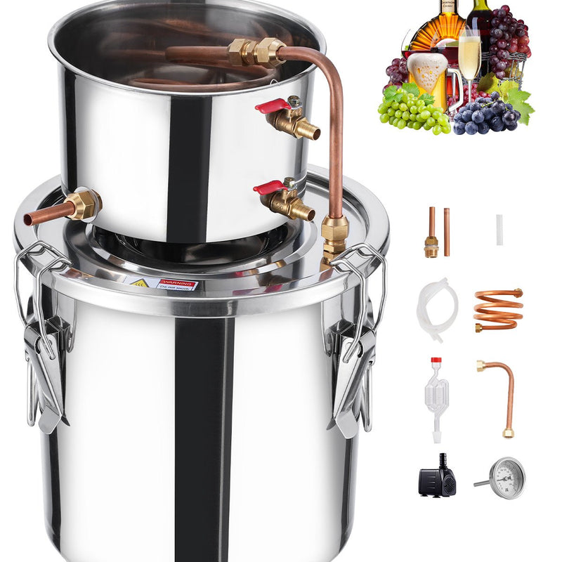 11.4L nerūsējošā tērauda destilācijas aparāts ar iebūvētu termometru uz vāka un ūdens cirkulācijas sūkni, piemērots alkohola destilācijai