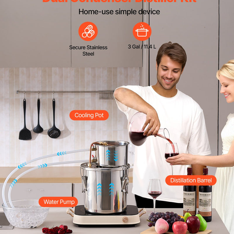 11.4L nerūsējošā tērauda destilācijas aparāts ar iebūvētu termometru uz vāka un ūdens cirkulācijas sūkni, piemērots alkohola destilācijai