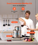 11.4L nerūsējošā tērauda destilācijas aparāts ar iebūvētu termometru uz vāka un ūdens cirkulācijas sūkni, piemērots alkohola destilācijai