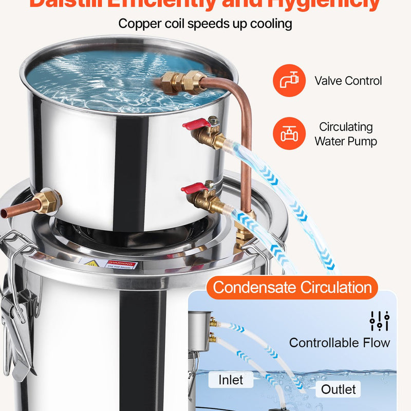 11.4L nerūsējošā tērauda destilācijas aparāts ar iebūvētu termometru uz vāka un ūdens cirkulācijas sūkni, piemērots alkohola destilācijai