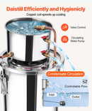 11.4L nerūsējošā tērauda destilācijas aparāts ar iebūvētu termometru uz vāka un ūdens cirkulācijas sūkni, piemērots alkohola destilācijai