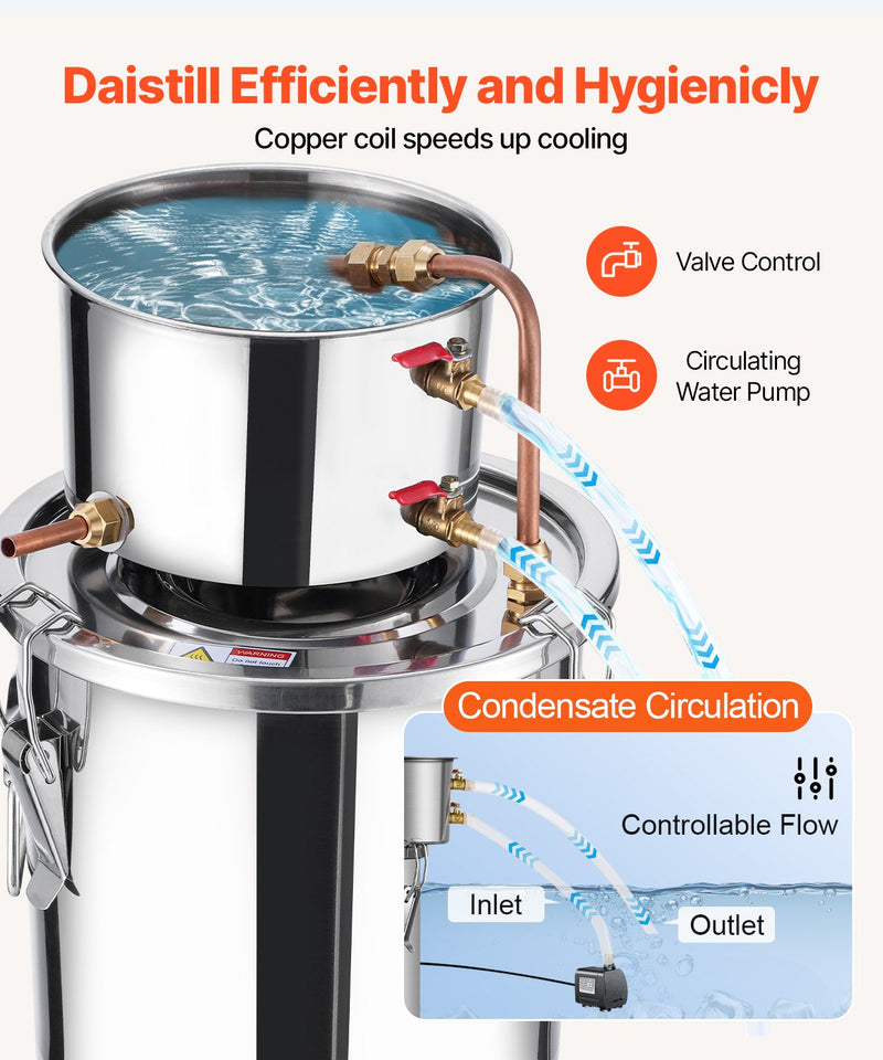 VEVOR 11.4L nerūsējošā tērauda destilācijas aparāts ar iebūvētu termometru uz vāka un ūdens cirkulācijas sūkni, piemērots alkohola destilācijai