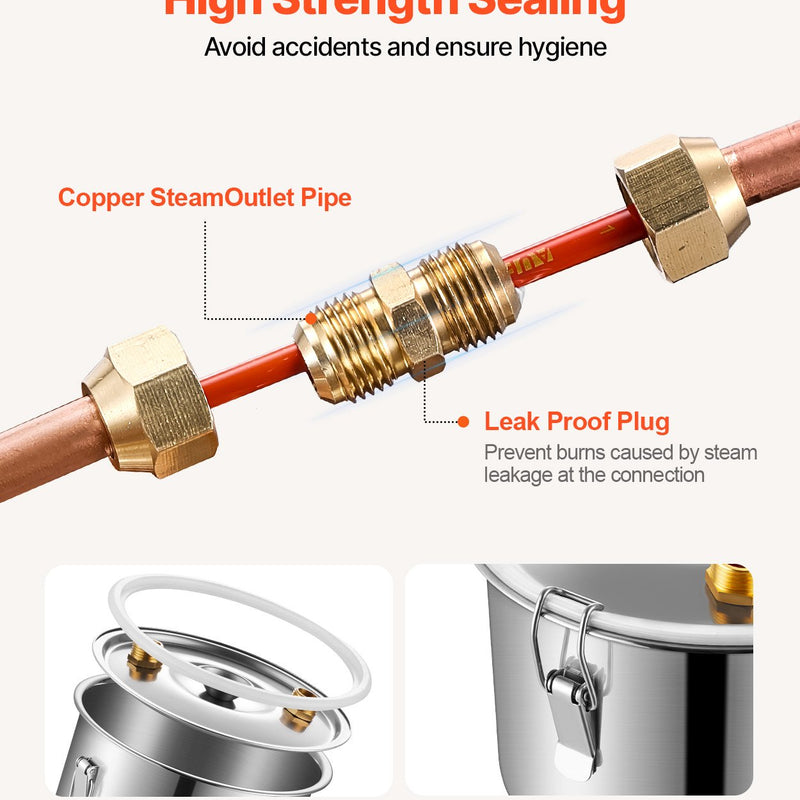 11.4L nerūsējošā tērauda destilācijas aparāts ar iebūvētu termometru uz vāka un ūdens cirkulācijas sūkni, piemērots alkohola destilācijai