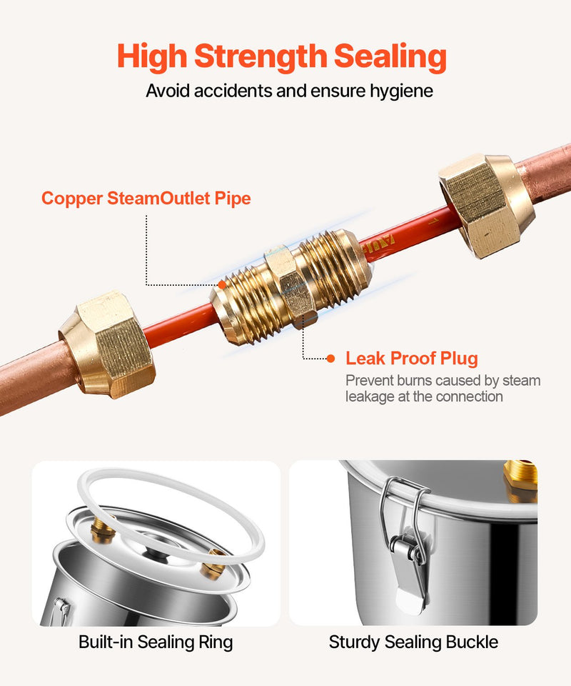 VEVOR 11.4L nerūsējošā tērauda destilācijas aparāts ar iebūvētu termometru uz vāka un ūdens cirkulācijas sūkni, piemērots alkohola destilācijai