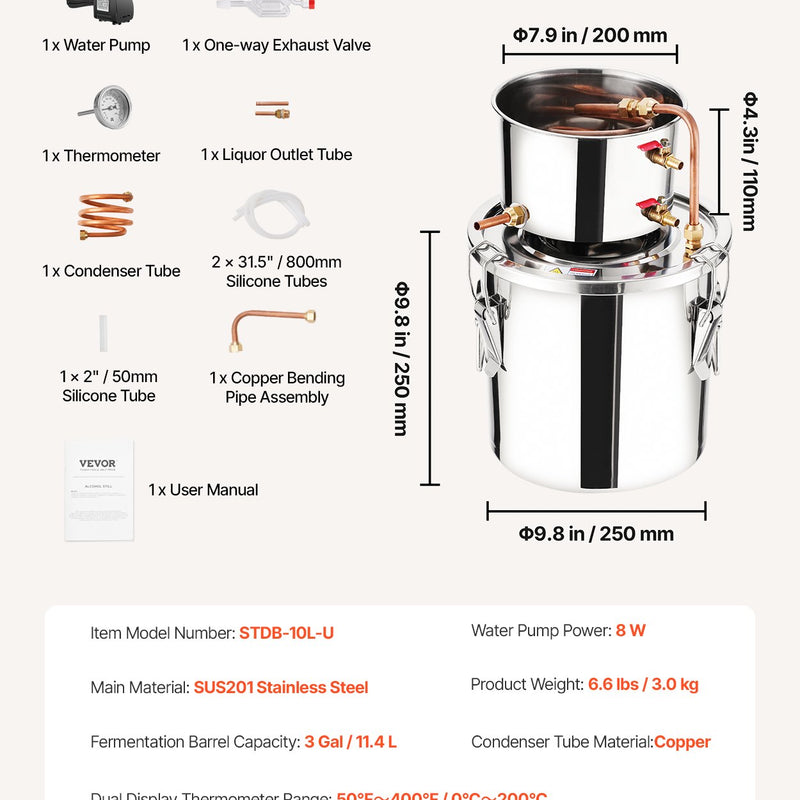 11.4L nerūsējošā tērauda destilācijas aparāts ar iebūvētu termometru uz vāka un ūdens cirkulācijas sūkni, piemērots alkohola destilācijai