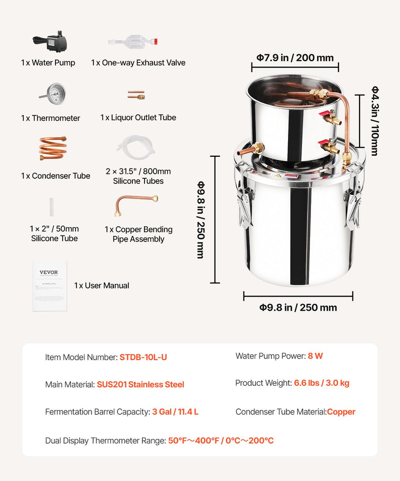 VEVOR 11.4L nerūsējošā tērauda destilācijas aparāts ar iebūvētu termometru uz vāka un ūdens cirkulācijas sūkni, piemērots alkohola destilācijai