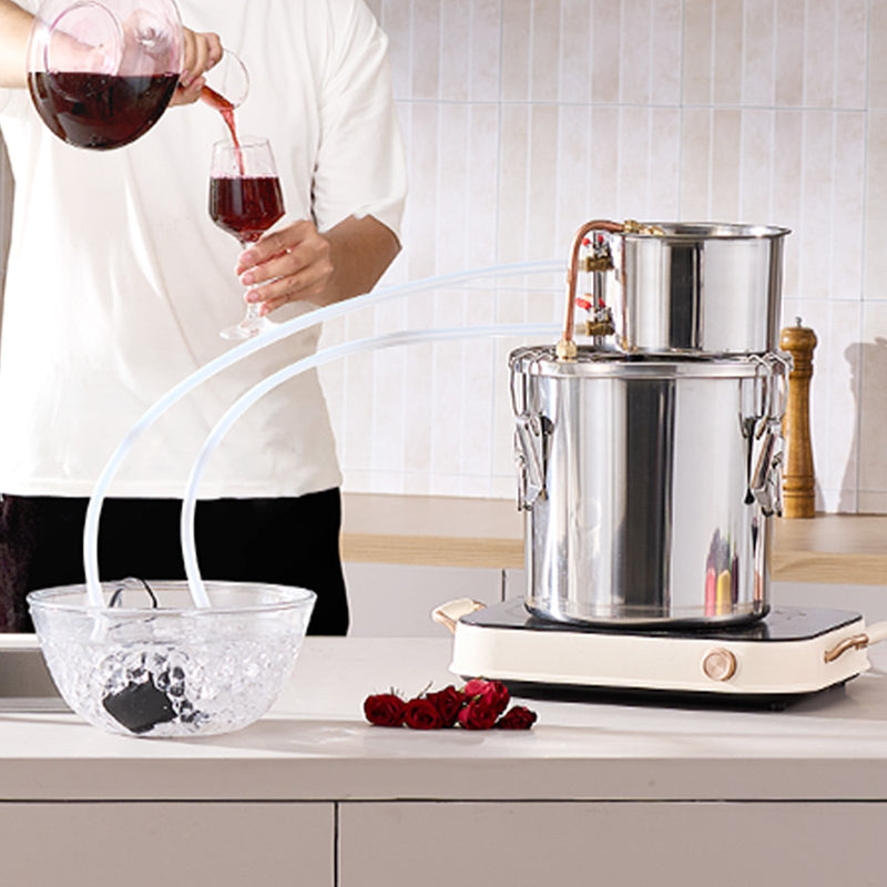 11.4L nerūsējošā tērauda destilācijas aparāts ar iebūvētu termometru uz vāka un ūdens cirkulācijas sūkni, piemērots alkohola destilācijai