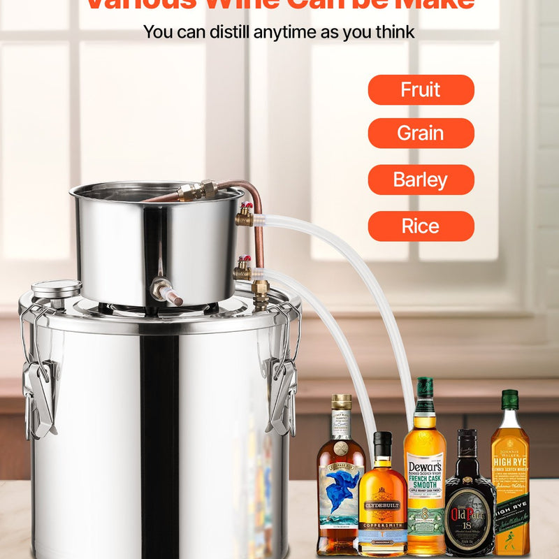 19L nerūsējošā tērauda destilācijas aparāts, sastāv no fermentācijas tvertnes, tvertnes vāka un dzesēšanas katla, piemērots alkohola destilācijai