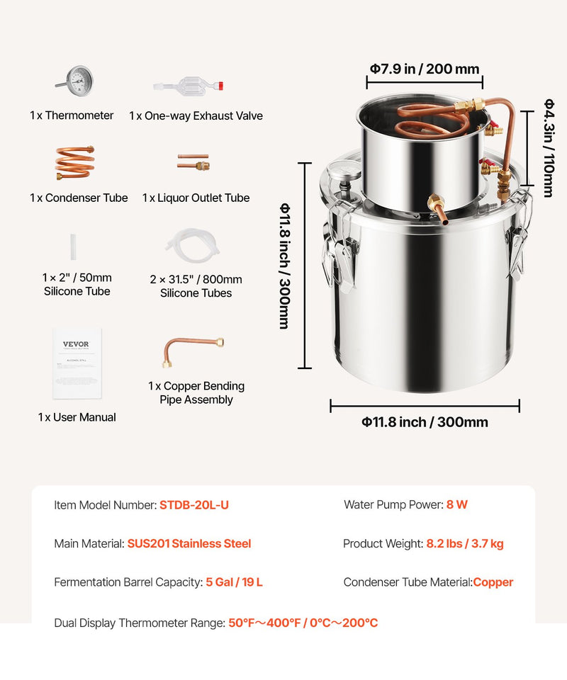 VEVOR 19L nerūsējošā tērauda destilācijas aparāts, sastāv no fermentācijas tvertnes, tvertnes vāka un dzesēšanas katla, piemērots alkohola destilācijai