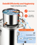 19L nerūsējošā tērauda destilācijas aparāts ar iebūvētu termometru uz vāka un ūdens cirkulācijas sūkni, piemērots alkohola destilācijai