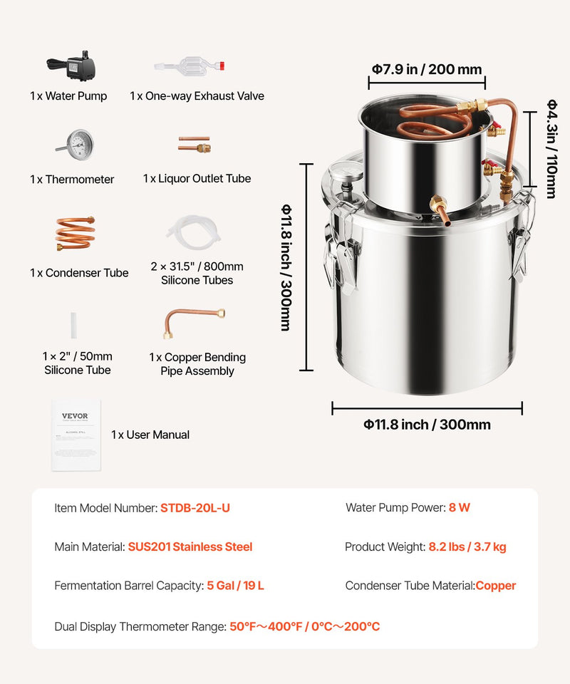 VEVOR 19L nerūsējošā tērauda destilācijas aparāts ar iebūvētu termometru uz vāka un ūdens cirkulācijas sūkni, piemērots alkohola destilācijai