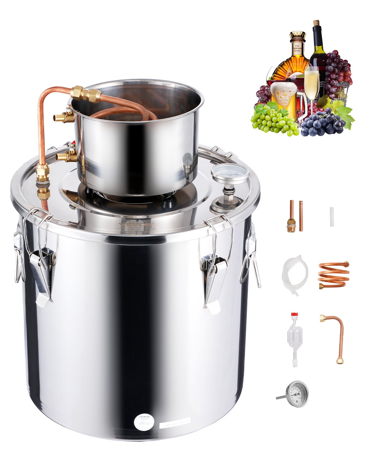 VEVOR Distillation Apparatus 30 l with Thermometer in Lid and Circulation Pump, for Alcohol