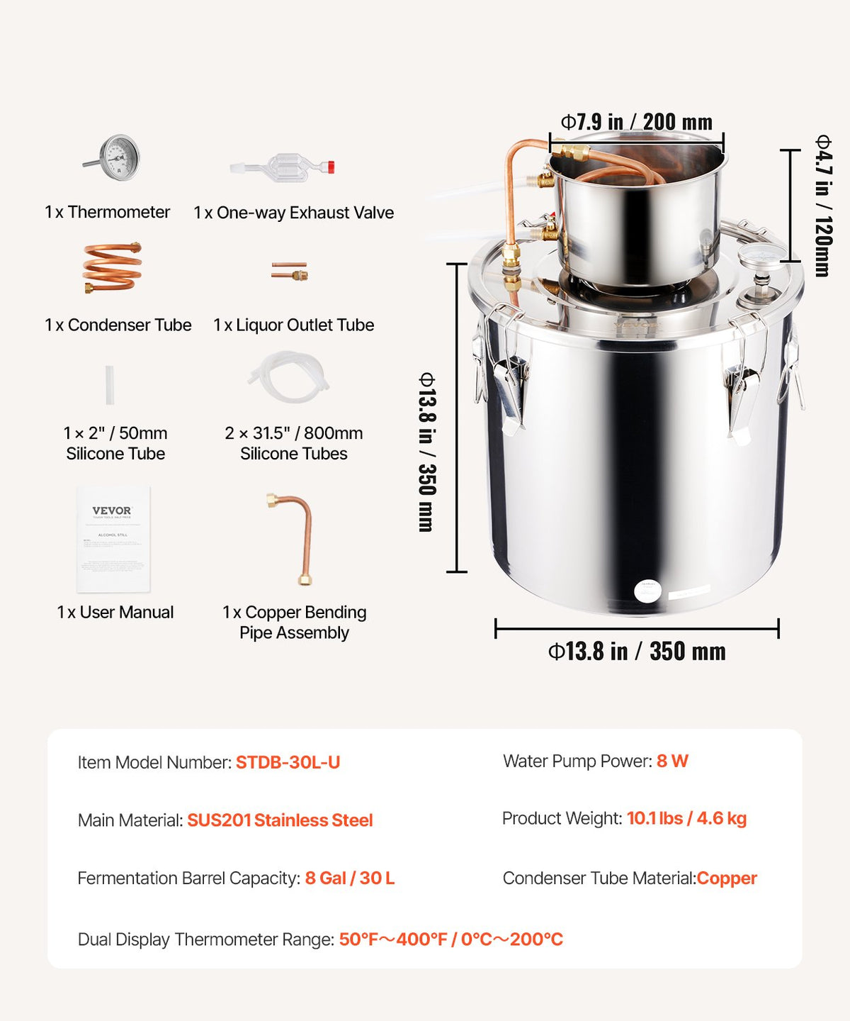 VEVOR Distillation Apparatus 30 l with Thermometer in Lid and Circulation Pump, for Alcohol