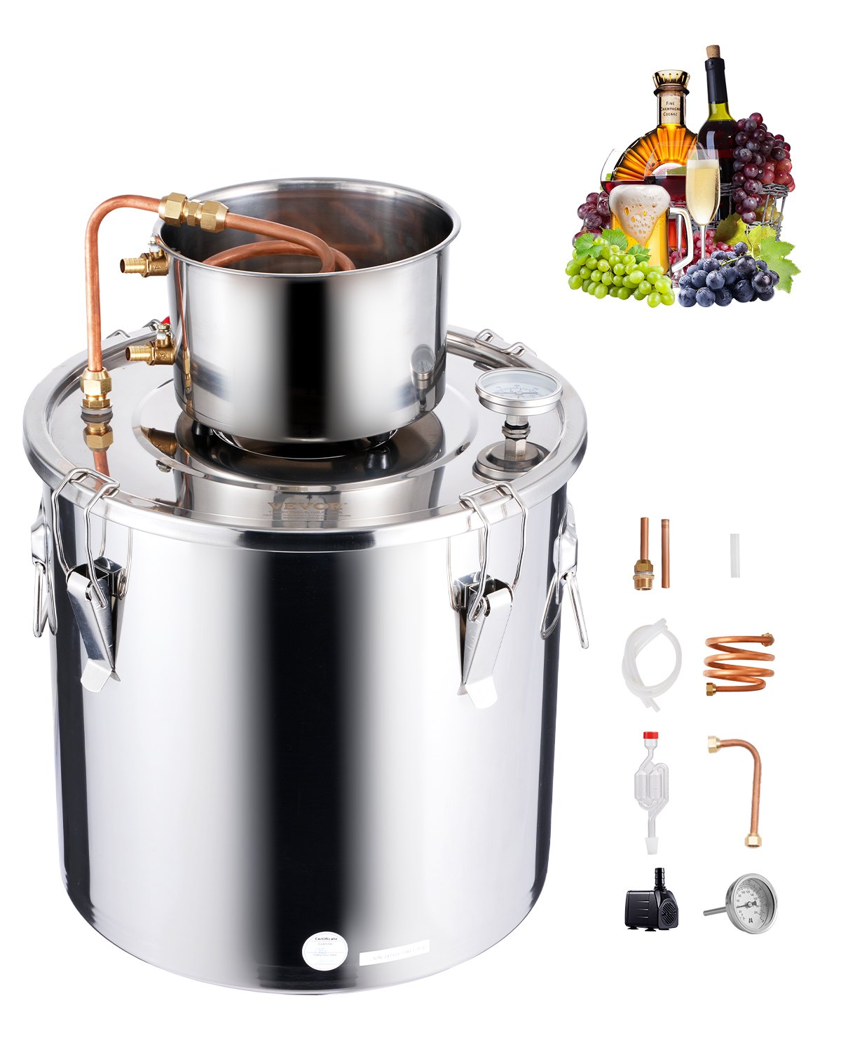 VEVOR Distillation Apparatus 30 l with Thermometer in Lid and Circulation Pump, Stainless Steel