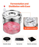 30L nerūsējošā tērauda destilācijas aparāts ar iebūvētu termometru uz vāka un ūdens cirkulācijas sūkni, piemērots alkohola destilācijai