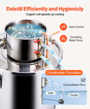 30L nerūsējošā tērauda destilācijas aparāts ar iebūvētu termometru uz vāka un ūdens cirkulācijas sūkni, piemērots alkohola destilācijai