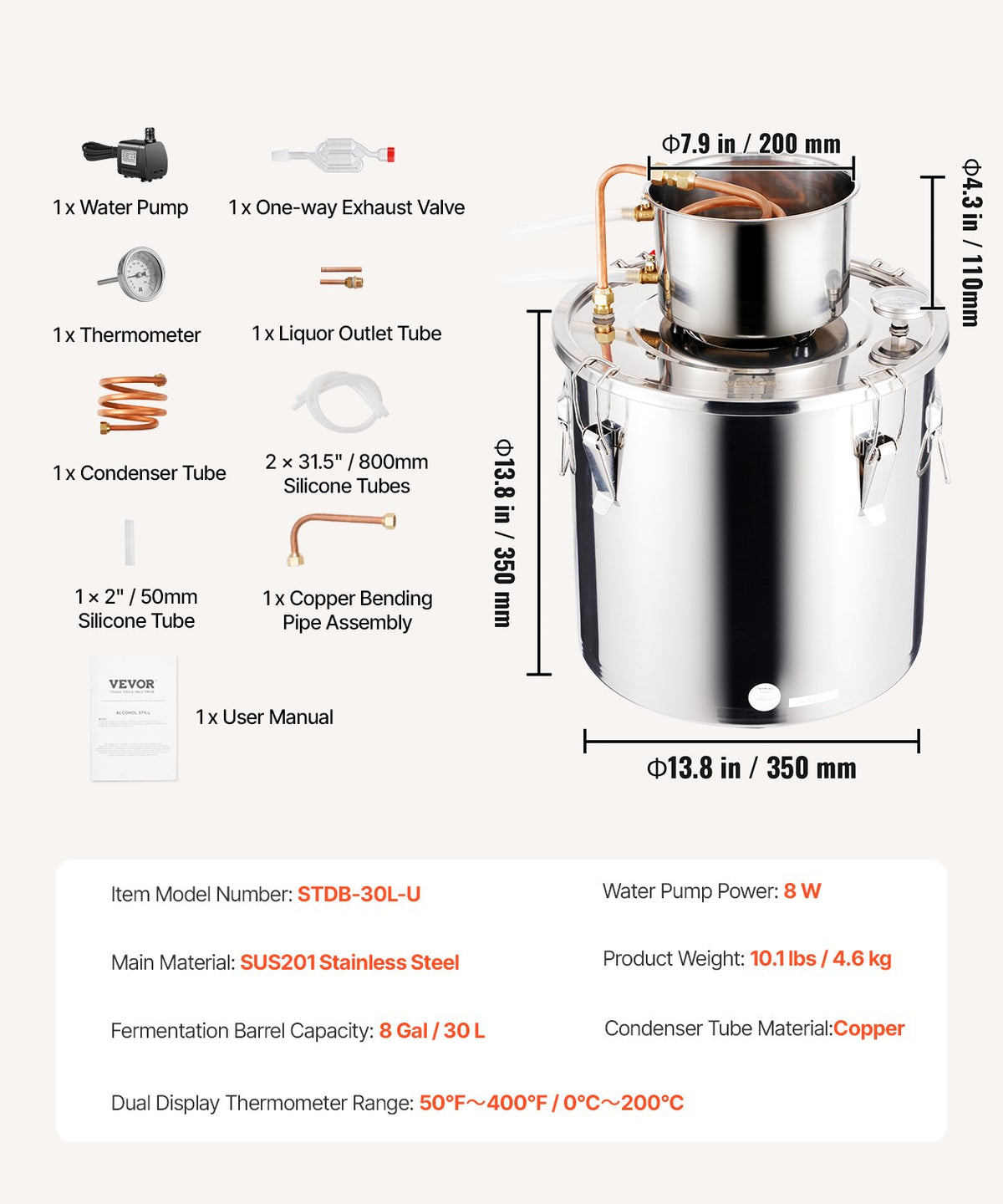VEVOR Distillation Apparatus 30 l with Thermometer in Lid and Circulation Pump, Stainless Steel