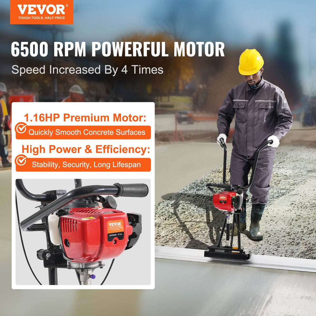 VEVOR 337 cm 6500 RPM Gas Concrete Grinder with Aluminium Board and Vibrating Motor