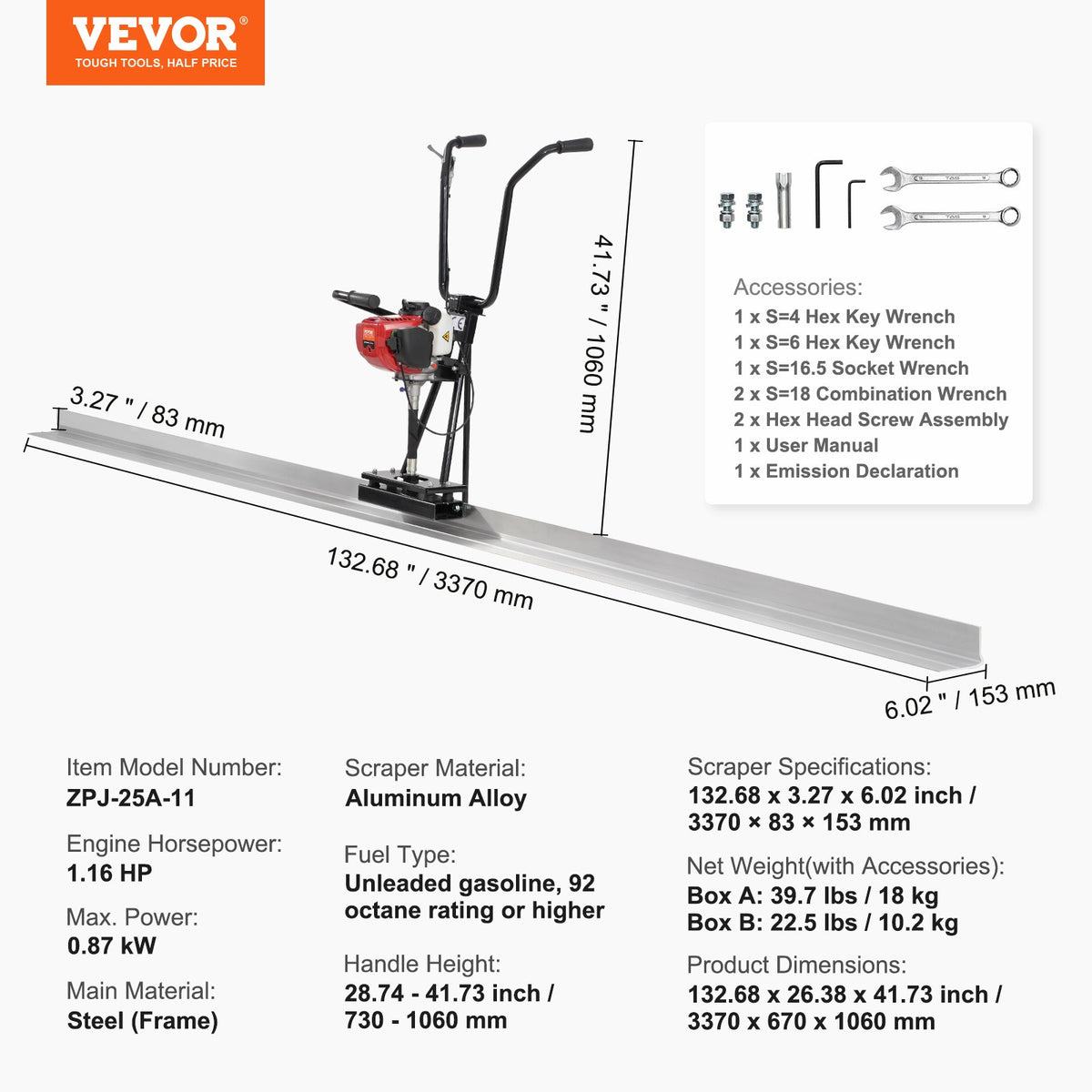 VEVOR 337 cm 6500 RPM Gas Concrete Grinder with Aluminium Board and Vibrating Motor