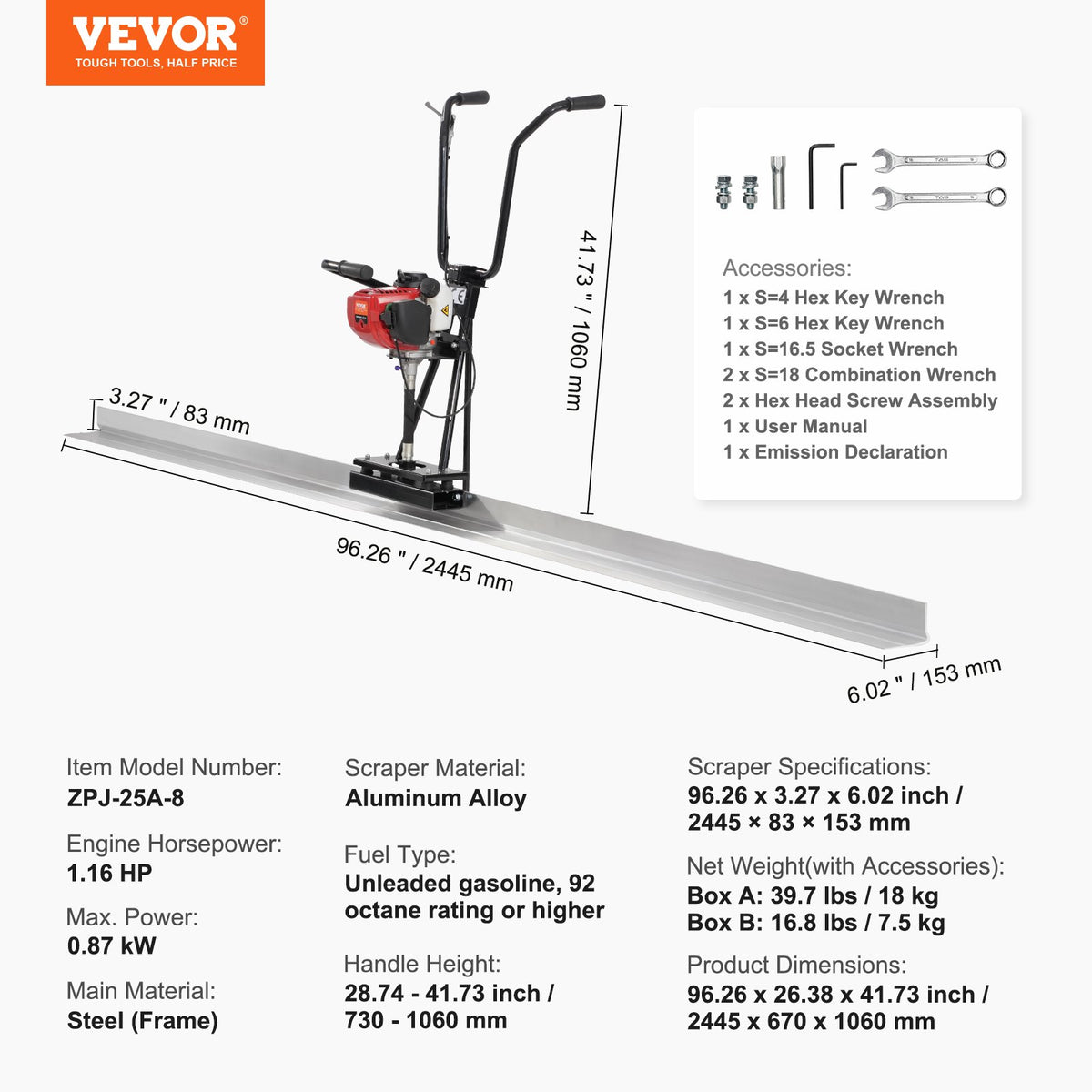 VEVOR 244.5 cm 6500 RPM Gas Concrete Grinder with Aluminium Screed and Vibrating Motor