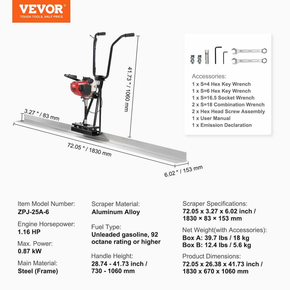 VEVOR 6500 RPM Gas Concrete Grinder with Aluminium Base and Vibrating Motor
