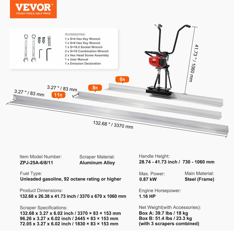 VEVOR 1.8 m / 2.44 m / 3.35 m 6500 RPM gāzes betona slīpētājs ar alumīnija dēli un vibrējošu motoru