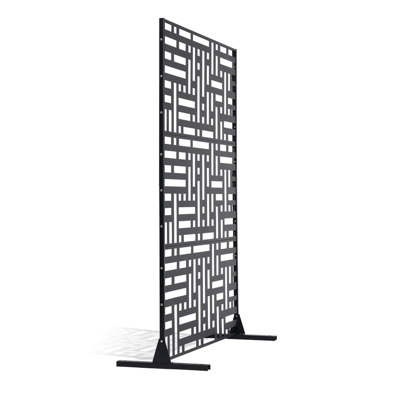 ChatGPT saka:  Metāla dekoratīvs privātuma ekrāns, 120 × 193 cm, 3 paneļu brīvi stāvoša āra/sadala sienas siena ar statīvu, tērauda dārza žogs balkoniem, terasēm, iekštelpām, džakuzi, melns