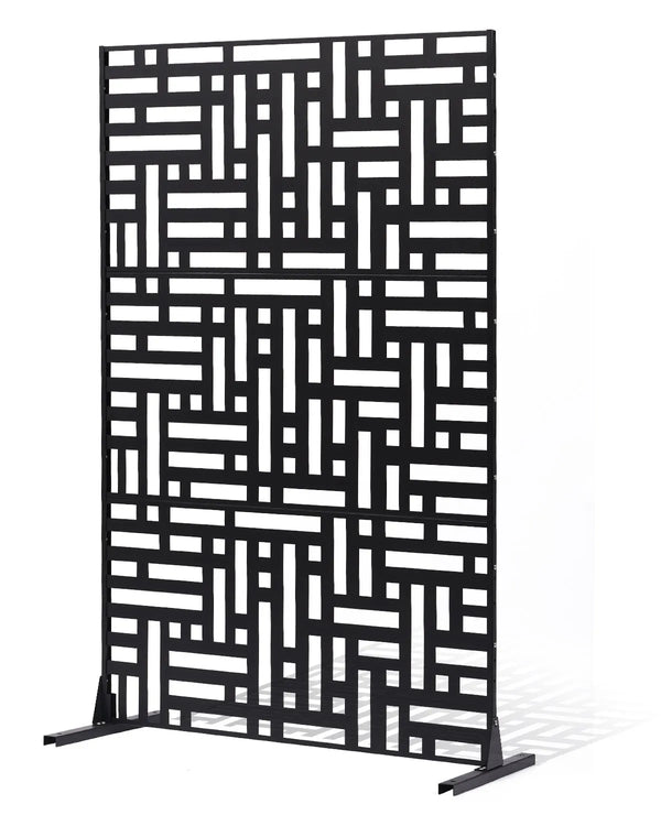 ChatGPT saka:  Metāla dekoratīvs privātuma ekrāns, 120 × 193 cm, 3 paneļu brīvi stāvoša āra/sadala sienas siena ar statīvu, tērauda dārza žogs balkoniem, terasēm, iekštelpām, džakuzi, melns