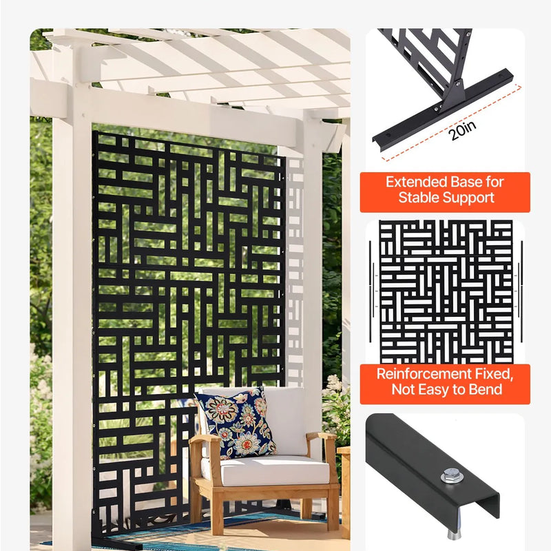 ChatGPT saka:  Metāla dekoratīvs privātuma ekrāns, 120 × 193 cm, 3 paneļu brīvi stāvoša āra/sadala sienas siena ar statīvu, tērauda dārza žogs balkoniem, terasēm, iekštelpām, džakuzi, melns