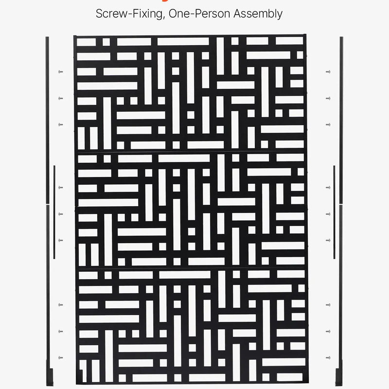 ChatGPT saka:  Metāla dekoratīvs privātuma ekrāns, 120 × 193 cm, 3 paneļu brīvi stāvoša āra/sadala sienas siena ar statīvu, tērauda dārza žogs balkoniem, terasēm, iekštelpām, džakuzi, melns