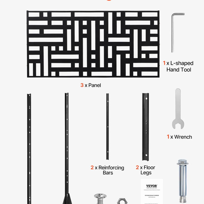 ChatGPT saka:  Metāla dekoratīvs privātuma ekrāns, 120 × 193 cm, 3 paneļu brīvi stāvoša āra/sadala sienas siena ar statīvu, tērauda dārza žogs balkoniem, terasēm, iekštelpām, džakuzi, melns