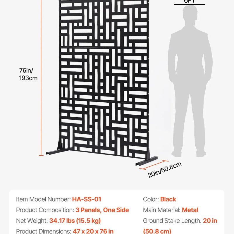 ChatGPT saka:  Metāla dekoratīvs privātuma ekrāns, 120 × 193 cm, 3 paneļu brīvi stāvoša āra/sadala sienas siena ar statīvu, tērauda dārza žogs balkoniem, terasēm, iekštelpām, džakuzi, melns