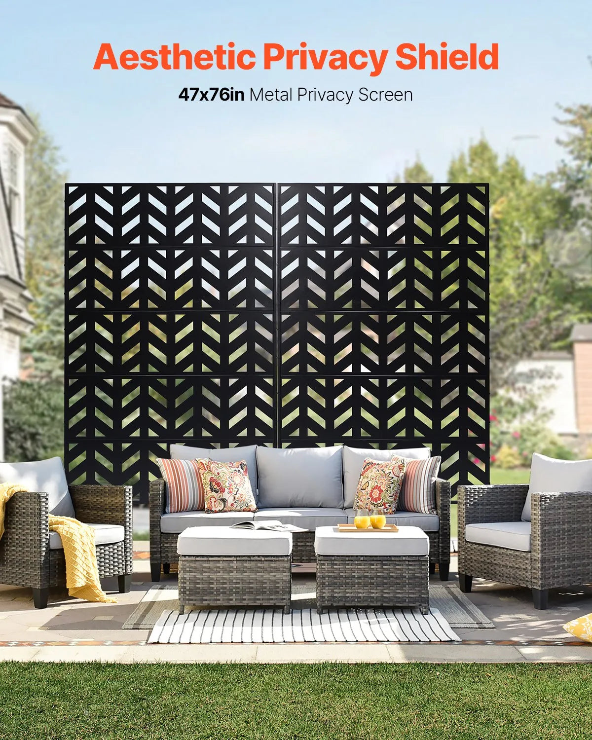 Metal Privacy Screen, 120 × 183 cm, Outdoor 5-Panel Freestanding Decorative Steel Fence with Stand for Balcony, Terrace, Room or Garden Partition, Black
