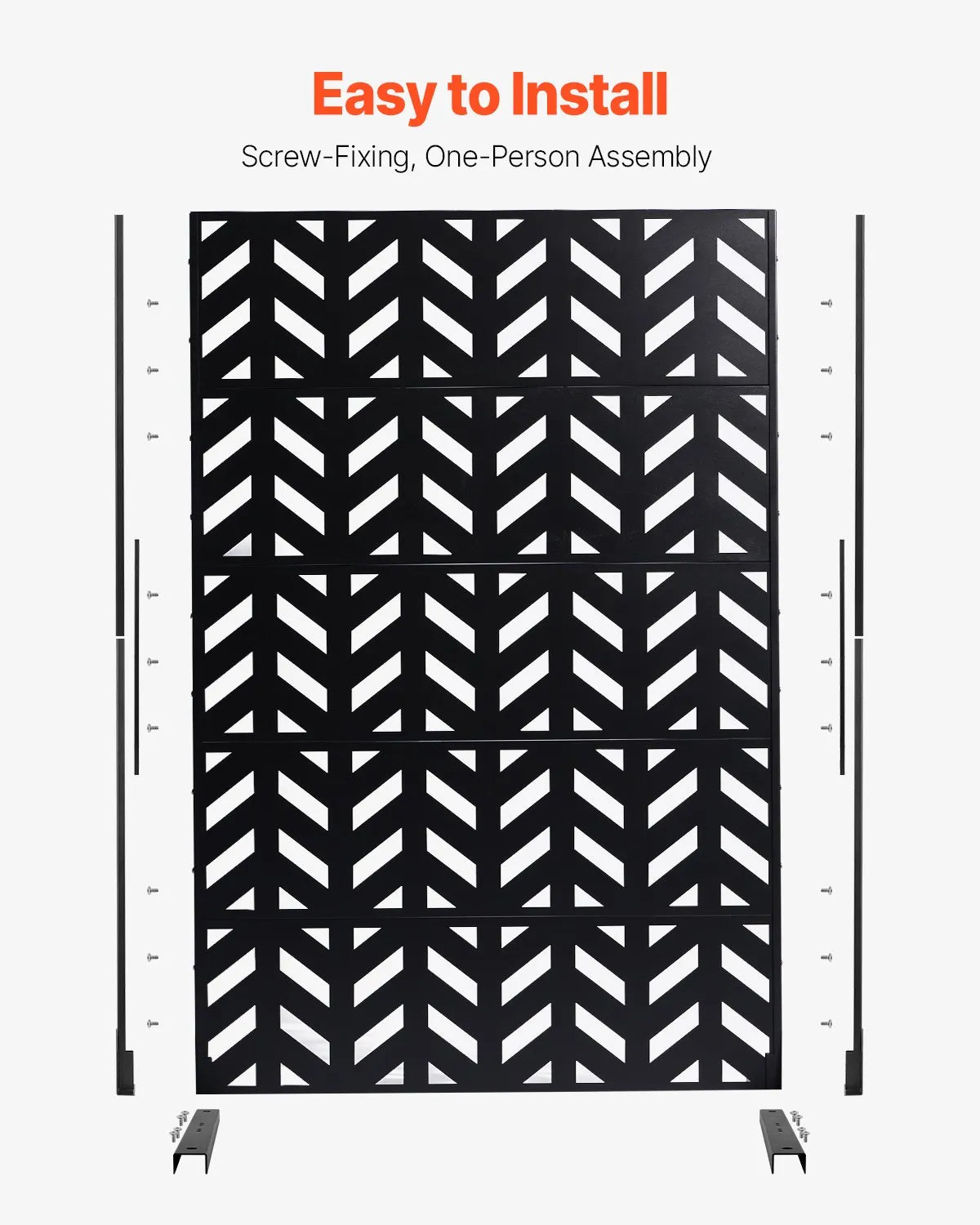 Metal Privacy Screen, 120 × 183 cm, Outdoor 5-Panel Freestanding Decorative Steel Fence with Stand for Balcony, Terrace, Room or Garden Partition, Black