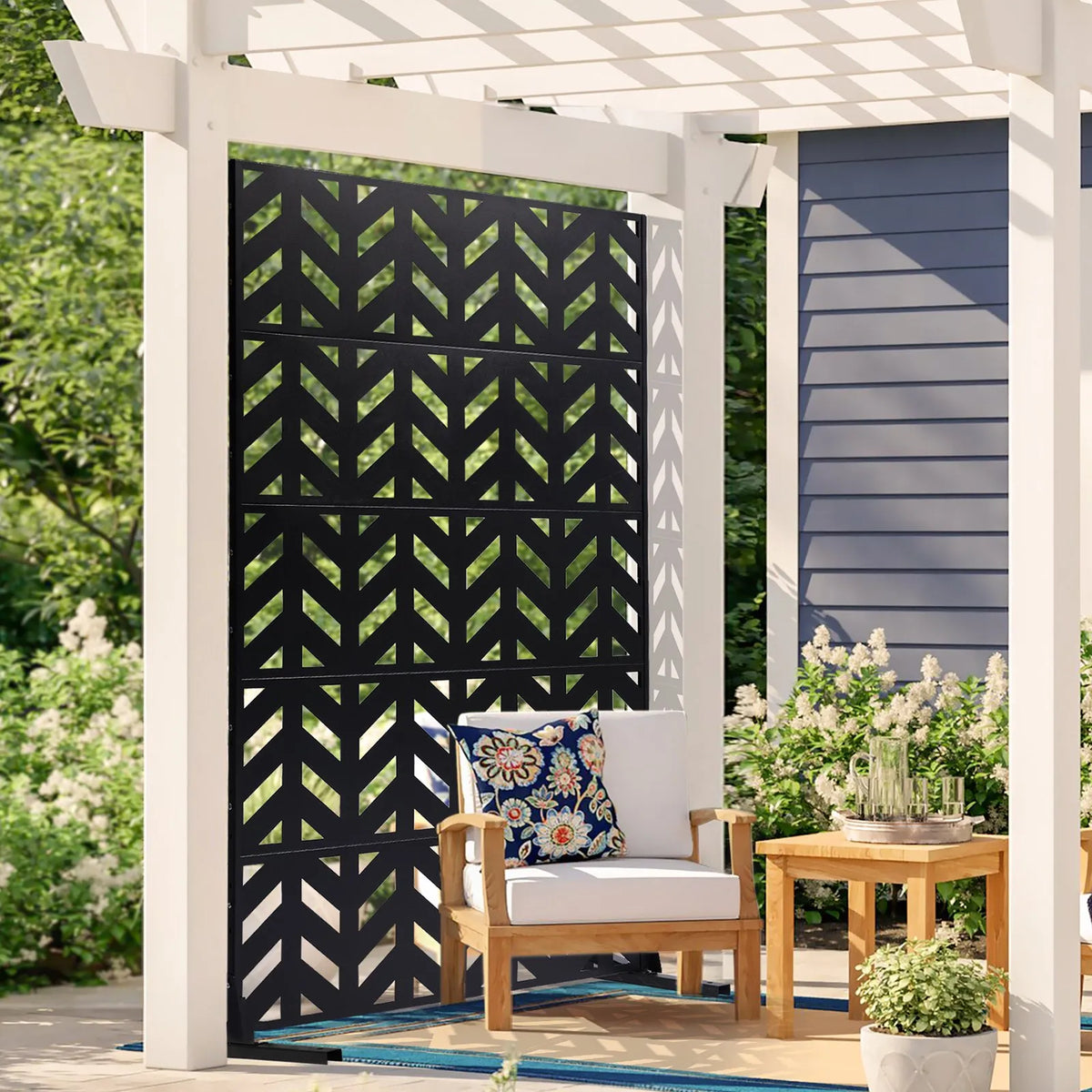 Metal Privacy Screen, 120 × 183 cm, Outdoor 5-Panel Freestanding Decorative Steel Fence with Stand for Balcony, Terrace, Room or Garden Partition, Black
