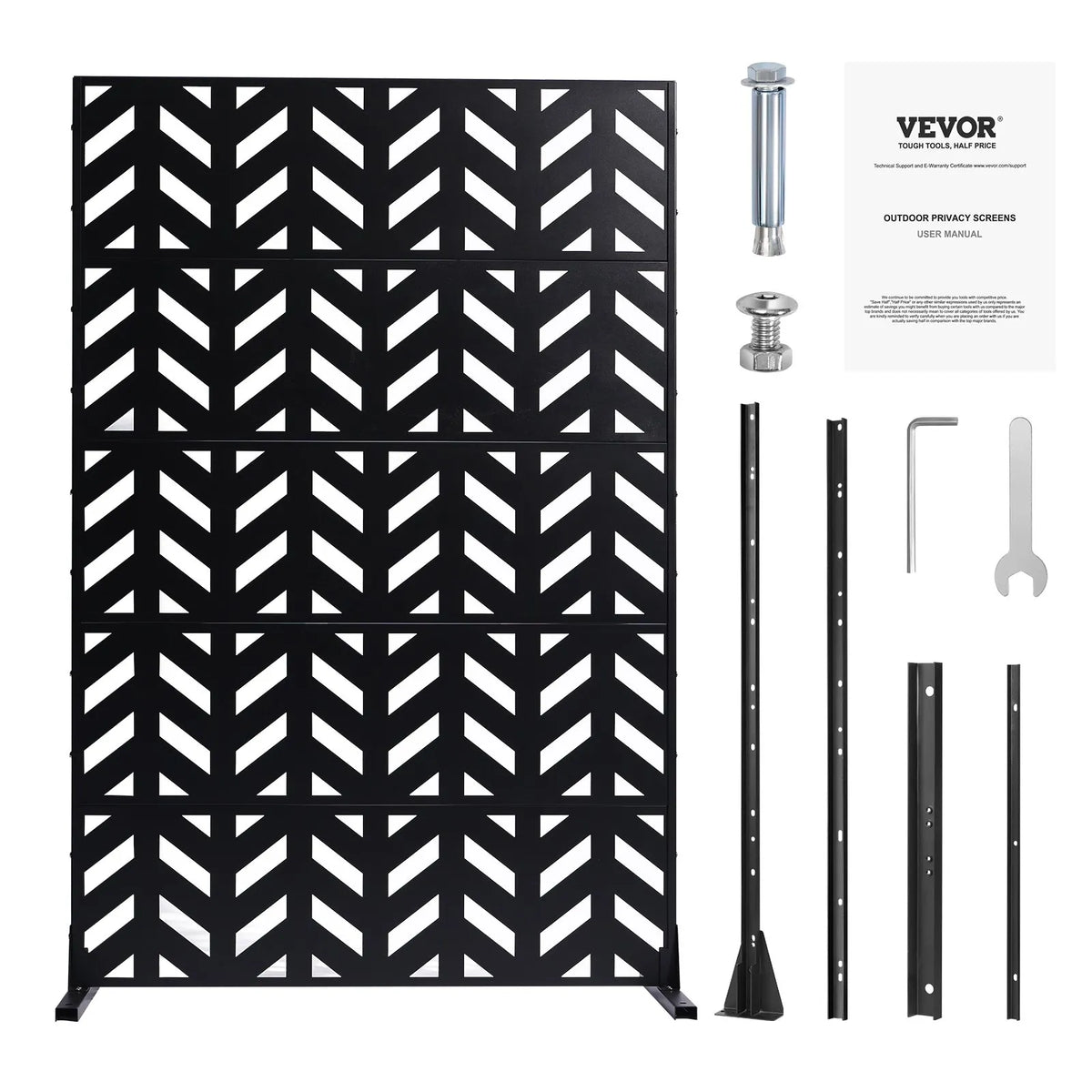 Metal Privacy Screen, 120 × 183 cm, Outdoor 5-Panel Freestanding Decorative Steel Fence with Stand for Balcony, Terrace, Room or Garden Partition, Black