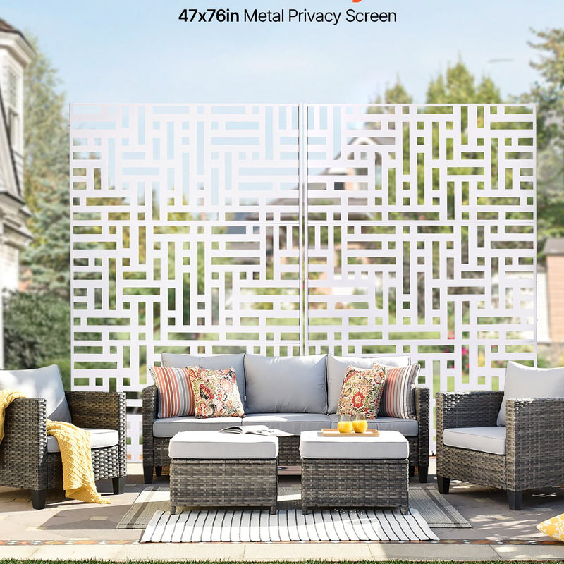 Metāla privātuma siets, 119 x 193 cm, 3 paneļi, brīvi stāvošs āra starpsiena ar statīvu, dekoratīvs tērauda žogs dārzam, balkonam, terasei, iekštelpām, džakuzi, balts