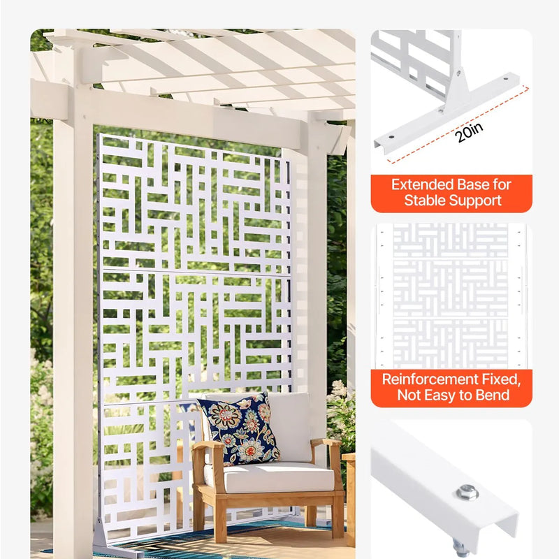 Metāla privātuma siets, 119 x 193 cm, 3 paneļi, brīvi stāvošs āra starpsiena ar statīvu, dekoratīvs tērauda žogs dārzam, balkonam, terasei, iekštelpām, džakuzi, balts