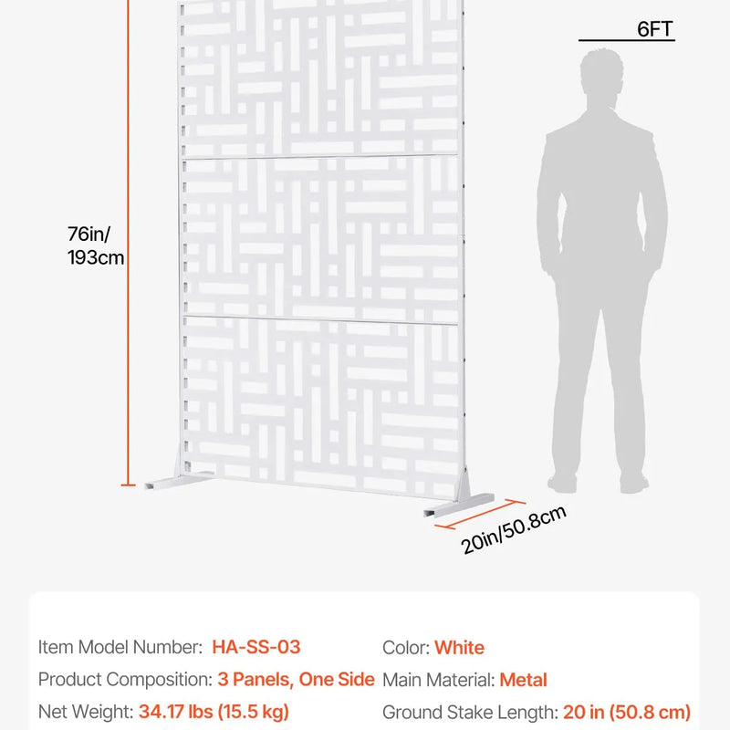 Metāla privātuma siets, 119 x 193 cm, 3 paneļi, brīvi stāvošs āra starpsiena ar statīvu, dekoratīvs tērauda žogs dārzam, balkonam, terasei, iekštelpām, džakuzi, balts