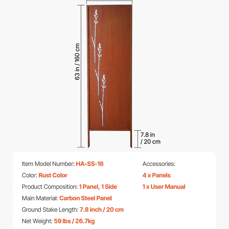 VEVOR metāla privātuma siena 50 x 160 cm, brīvi stāvošs dārza norobežojošs panelis ar pagarinātiem zemes mietiem un oglekļa tērauda plāksni, piemērots dārzam un iekštelpām - ZEMLETES.LV