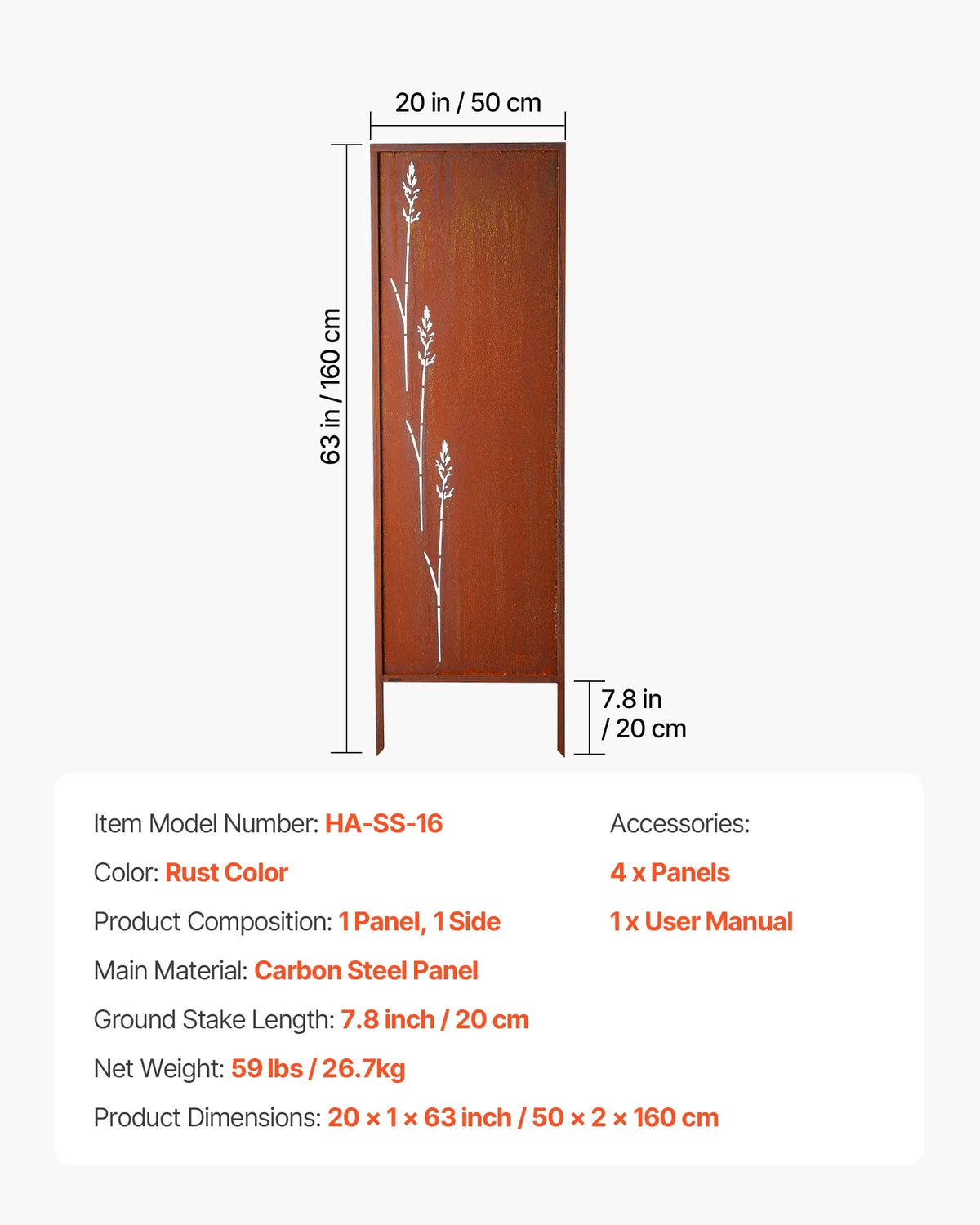 VEVOR metāla privātuma siena 50 x 160 cm, brīvi stāvošs dārza norobežojošs panelis ar pagarinātiem zemes mietiem un oglekļa tērauda plāksni, piemērots dārzam un iekštelpām - ZEMLETES.LV