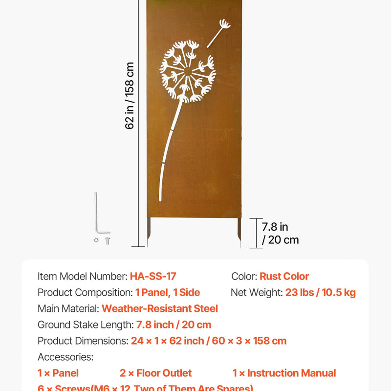 VEVOR metāla privātuma panelis 61 x 160 cm, brīvi stāvošs dārza norobežojošs panelis ar pagarinātiem zemes mietiem un tērauda plāksni, piemērots dārzam, pagalmam un sienu norobežošanai - ZEMLETES.LV