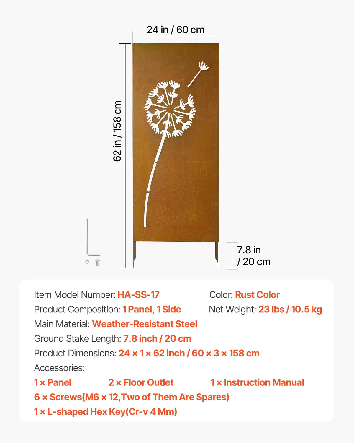 VEVOR metāla privātuma panelis 61 x 160 cm, brīvi stāvošs dārza norobežojošs panelis ar pagarinātiem zemes mietiem un tērauda plāksni, piemērots dārzam, pagalmam un sienu norobežošanai - ZEMLETES.LV